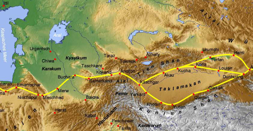 Topographic map showing the Silk Road routes through Central Asia with cities marked in yellow