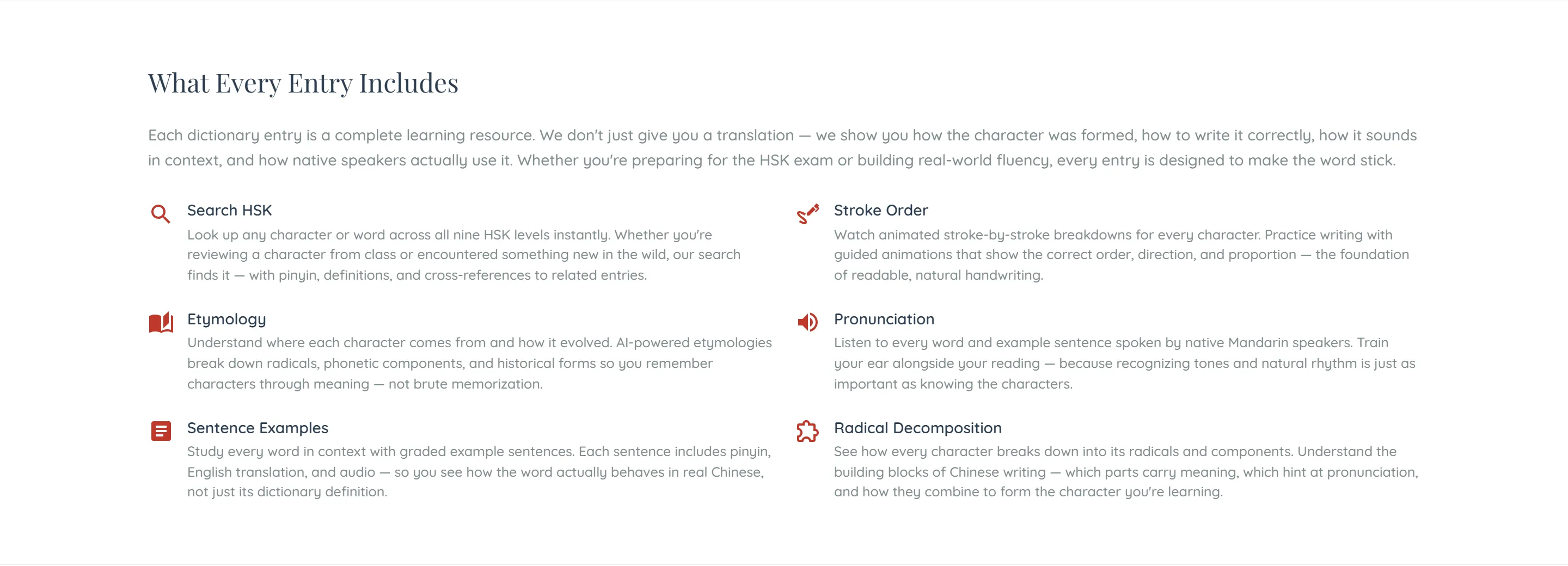The dictionary page’s “What Every Entry Includes” section: an introductory paragraph, then six labelled features in two columns, each with a red icon and a short explanation — Search HSK, Etymology and Sentence Examples on the left, Stroke Order, Pronunciation and Radical Decomposition on the right.