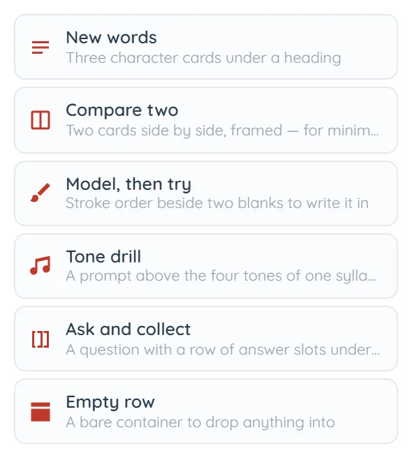 The Templates block in the left rail: six rows, each a red line-art icon beside a bold name and a grey description. New words — three character cards under a heading. Compare two — two cards side by side, framed, for minimal pairs. Model, then try — stroke order beside two blanks to write it in. Tone drill — a prompt above the four tones of one syllable. Ask and collect — a question with a row of answer slots underneath. Empty row — a bare container to drop anything into.