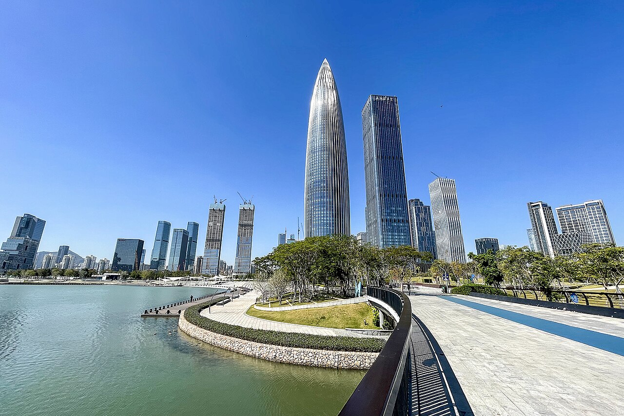 Modern Shenzhen skyline with the Ping An Finance Centre and waterfront promenade