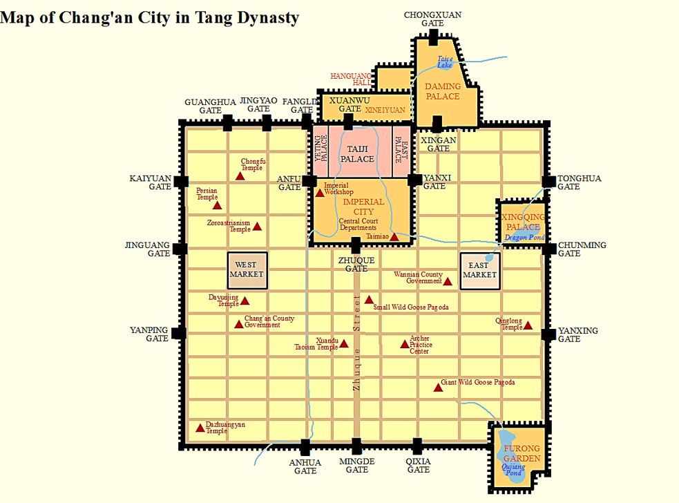Schematic city plan of Tang dynasty Chang'an showing its grid layout, palaces, markets, and gates