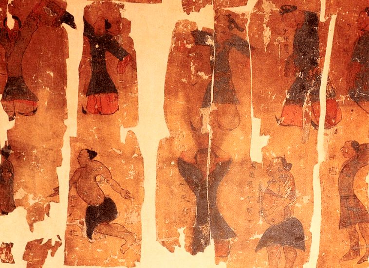 Damaged fragments of the original Mawangdui Daoyin Tu silk painting showing painted figures performing ancient Chinese therapeutic exercises