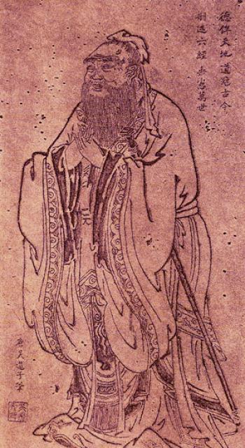 Classical Chinese painting portrait of Confucius wearing scholarly robes and a formal hat